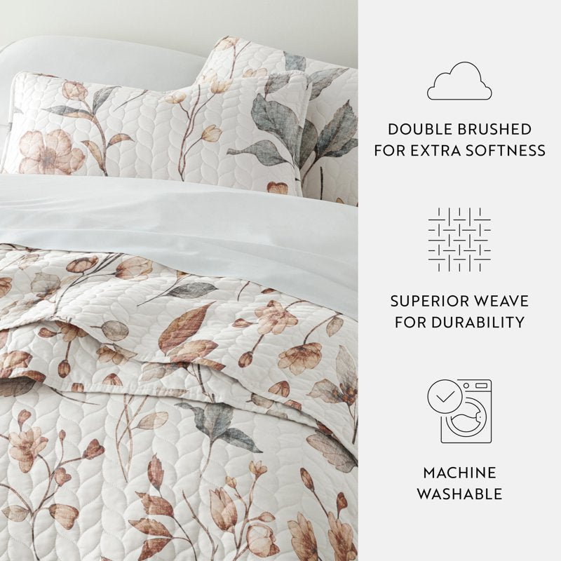 Twin Natural Russet Floral Pattern Quilt Set with Shams - Soft & Durable Bedding