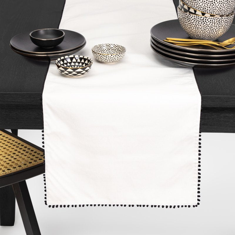 Ivory Table Runner with Black Pom Pom Trim - 14" x 72"