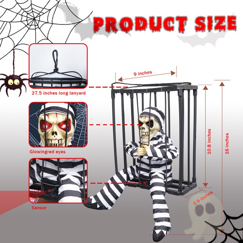 Magotan Screaming Animated Halloween Decoration - Style A, Spooky Skull Cage with Motion Sensor, Indoor Outdoor Hanging Decor
