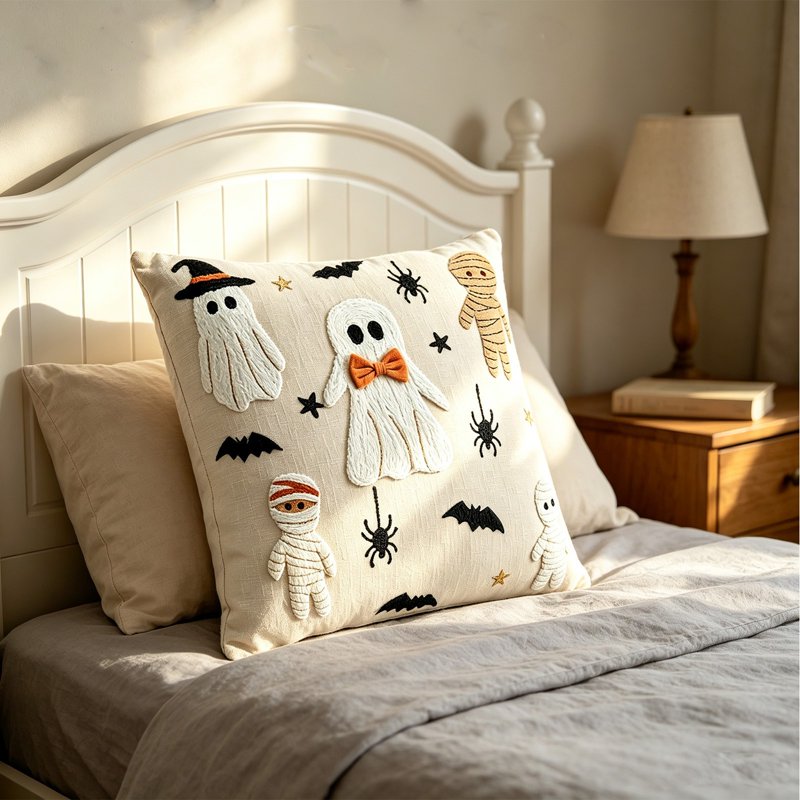 Halloween Ghost White Throw Pillow Cover 18x18 Inch Plush Faux Fur - Halloween Decor H-A