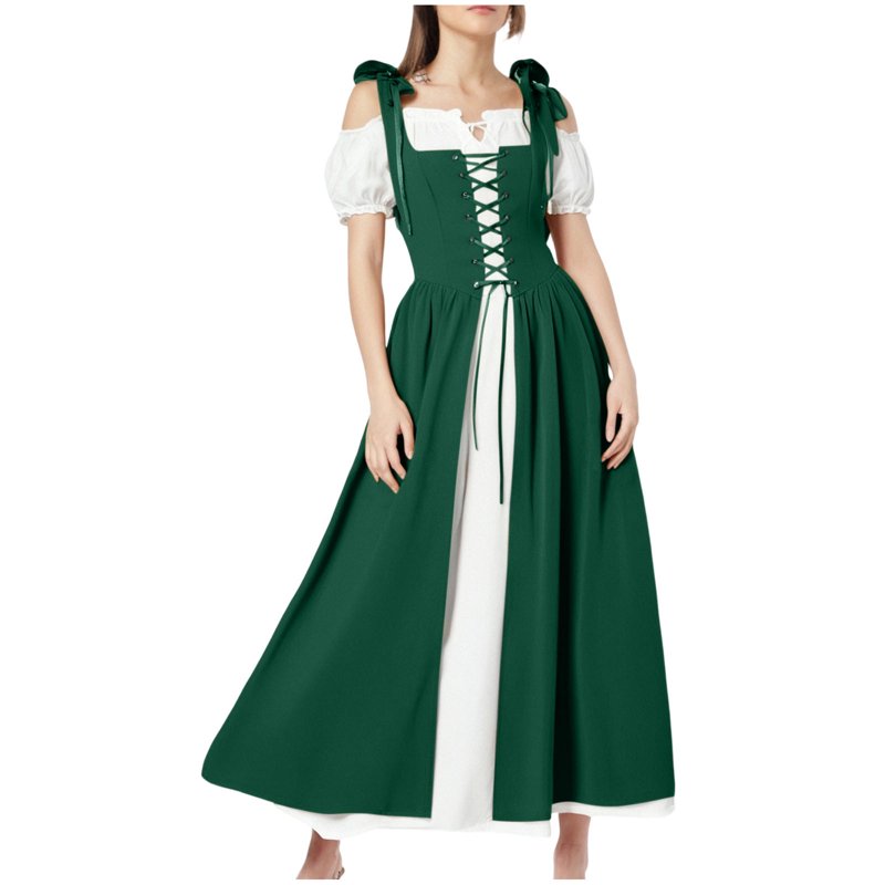 Women's Renaissance Costume Dress Vintage Medieval Gown - Green XL - AA Green