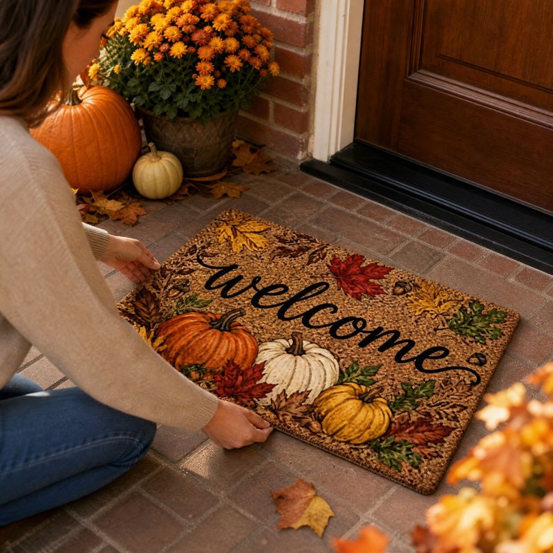 Thanksgiving Harvest Doormat - Non-Slip Welcome Floor Mat with Pumpkin & Maple Leaves - A-b