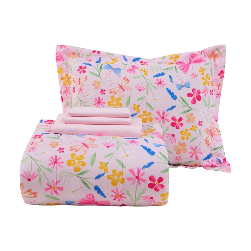 Twin Bed-in-a-Bag Set with Pink Wildflower Floral Pattern - Your Zone, 5 Pieces, Reversible