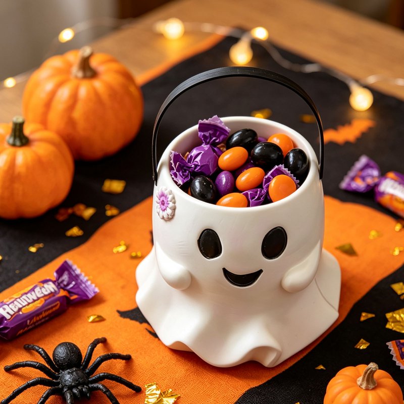 Halloween Ghost Candy Bucket - Cute Resin Treat Container with Handle - Variation #024