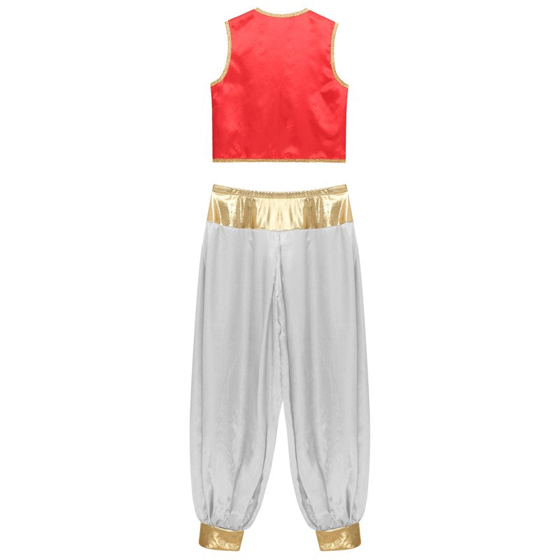 Arabian Prince Costume Set with Open Front Vest and Pants - Burgundy & White XXL