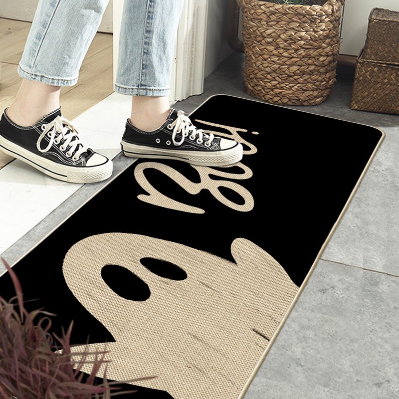 Halloween Doormat 17x47 Inch Black Ghost and Cat Welcome Mat – Polka Dot Design