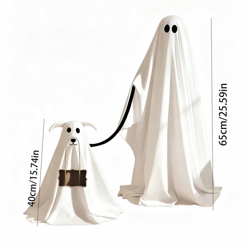 Ghost Walking Dog Halloween Yard Decor - 2.1 Ft Adjustable Standing Ghost and Dog Set - Modern Farmhouse Style - Variation 5A