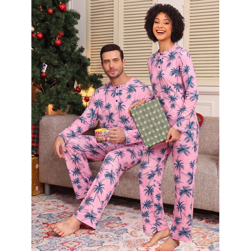 Pink Blue Palm Couple Pajama Set for Women Men M - Soft Holiday Sleepwear