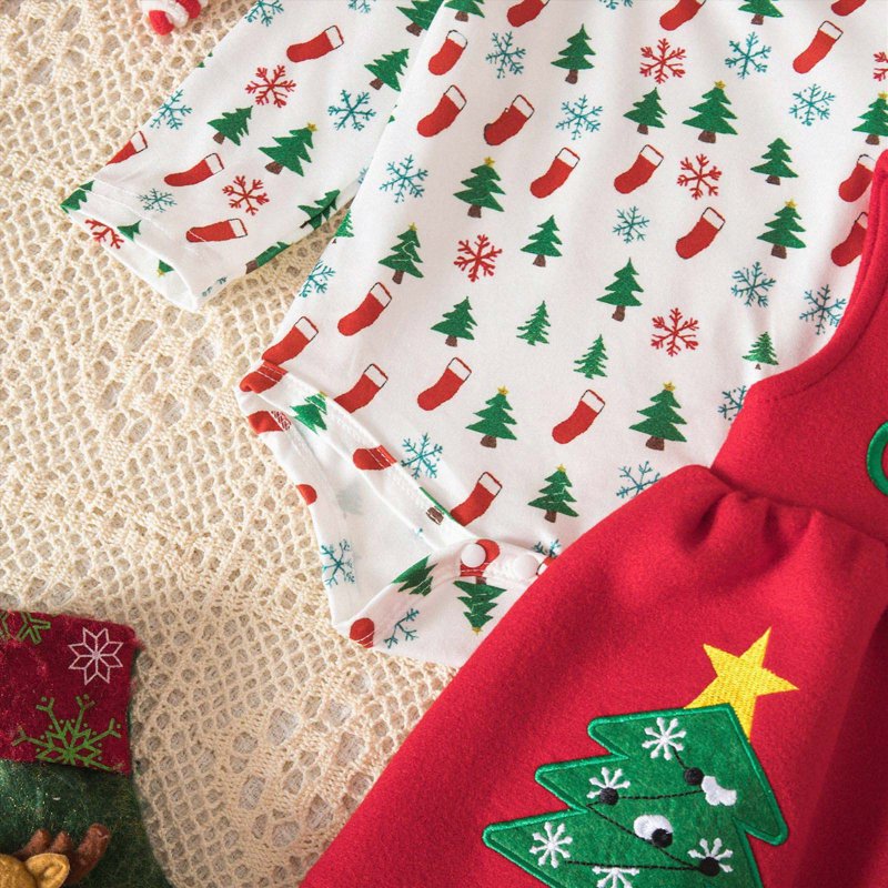 Baby Girl First Christmas Outfit Set - White Ruffle Romper & Suspender Dress 9-12 Months