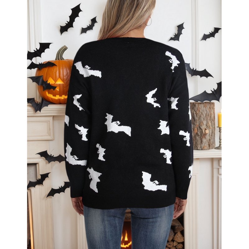 Halloween Bat Pattern Pullover Sweater for Women - Black XL, Casual Knit Top