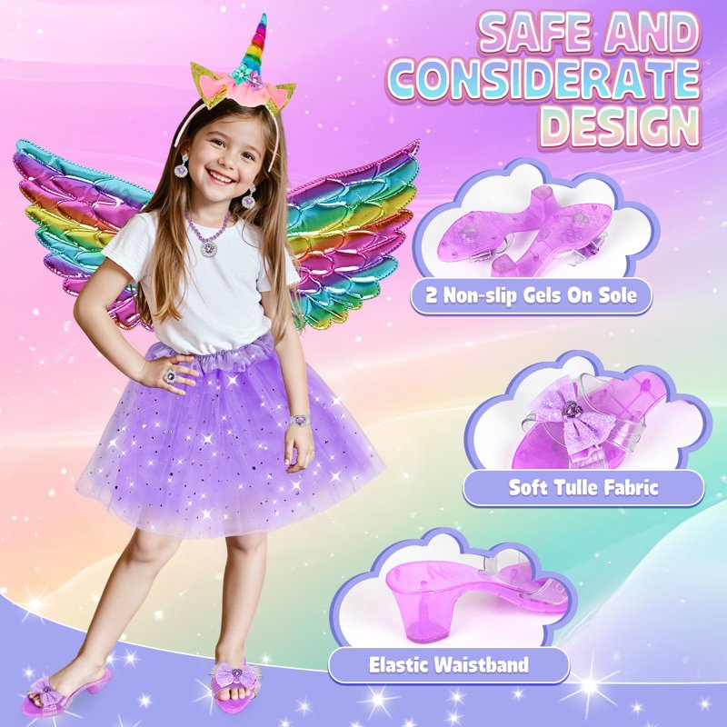 Toddler Girl Princess Dress Up Set with Wings Jewelry Shoes - Birthday Gift for 3-6 Years