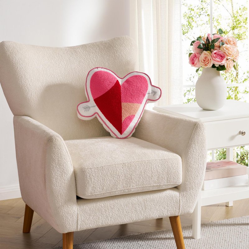 Heart-Shaped Valentine's Day Decorative Pillow - Tied with Love Chenille, Multicolor, 16 x 14 inches - Pink & Red Embroidery, Silver Accents, Variation of Love Shape