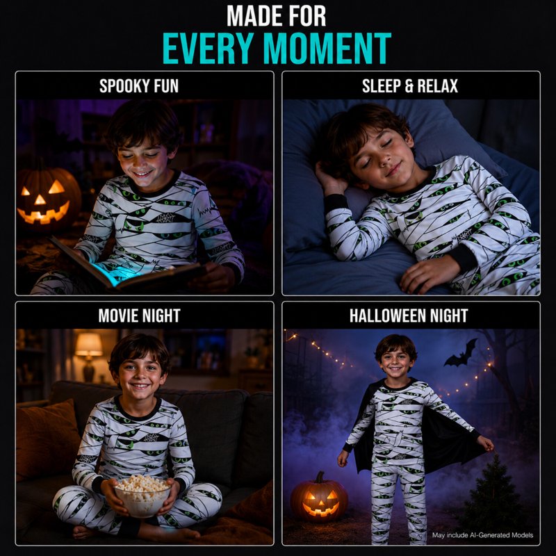 White Mummy Boys Pajama Set - Halloween Glow-in-the-Dark Sleepwear 2T-12 - Variation of THIS listing