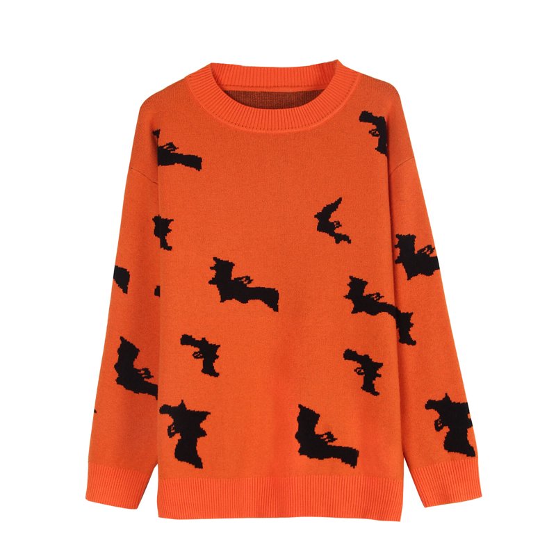 Halloween Bat Print Sweater for Women - Casual Knitted Pullover XL Orange Variation