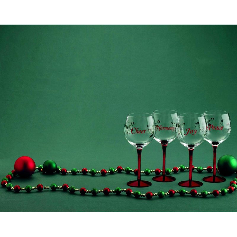 Winterberry Wine Glass Set of 4 with Sentiments - Harmony, Peace, Joy, Cheer
