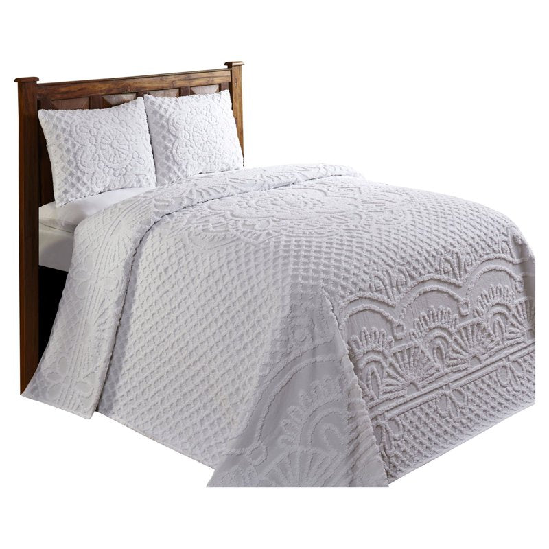King Bedspread Set - 3 Piece Chenille Bedding with Pillow Shams - White