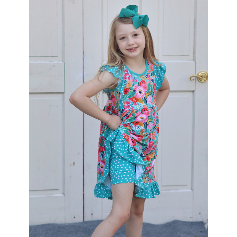 Girls Turquoise Angel Sleeve Dress & Shorts Set - Light Turquoise 10 - New Beginnings