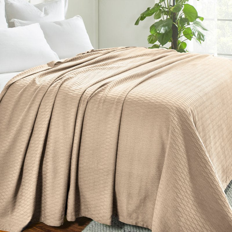 All-Season Cotton Bed Blanket - Twin, Khaki - Superior Diamond Weave