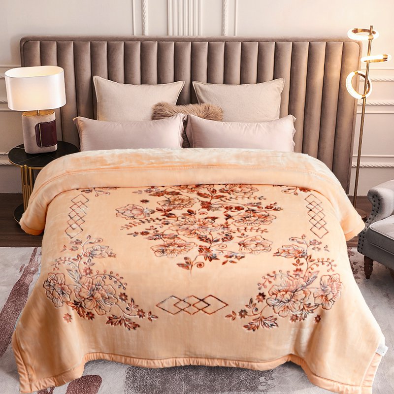 Heavy 10lbs King Size Fleece Blanket - Reversible 87x94 Beige Floral A&B Pattern