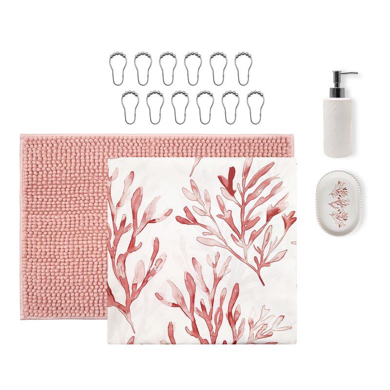 16-Piece Bathroom Set with Shower Curtain Rug Soap Dispenser and Hooks - Pink Coastal Botanical