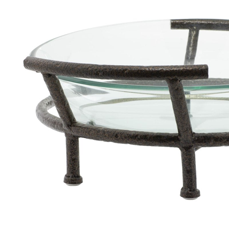 Clear Glass Kitchen Serving Bowl with Brown Metal Base - 19" x 7"
