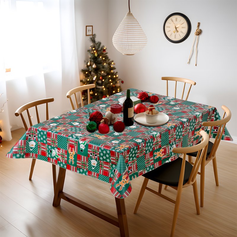 Waterproof Elk Green Christmas Tablecloth 60x120 Inch Vinyl