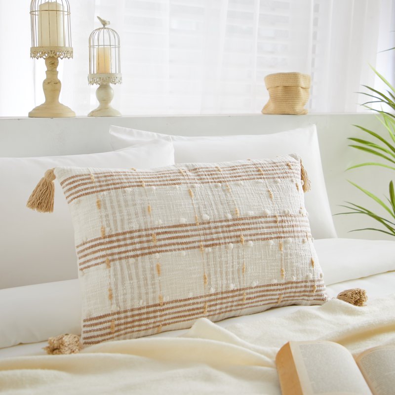 Oblong Decorative Pillow with Cotton Cover - Beige Plaid Stripe, 14 x 24 in, Variation 1