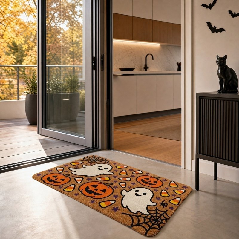 Halloween Doormat Ghost Pumpkin Web Entryway Rug 23.6x15.7in Secure-Grip Absorbent Coir - Variation of THIS listing