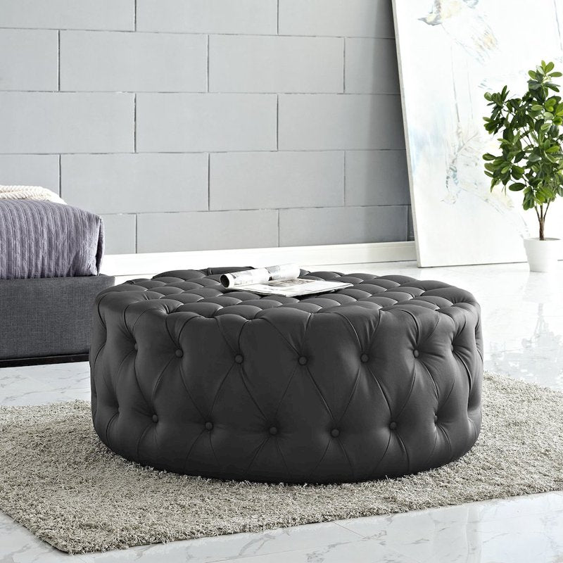 Tufted Round Ottoman - Leatherette Upholstery, Multiple Colors