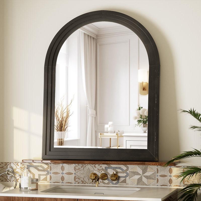 30x40 Inch Arched Bathroom Mirror with Wooden Frame - Black
