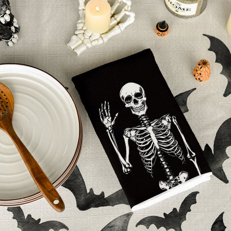 Spooky Skeleton Spider Bone Kitchen Dish Towels Set of 2 - 18x26 Inches, Variation C