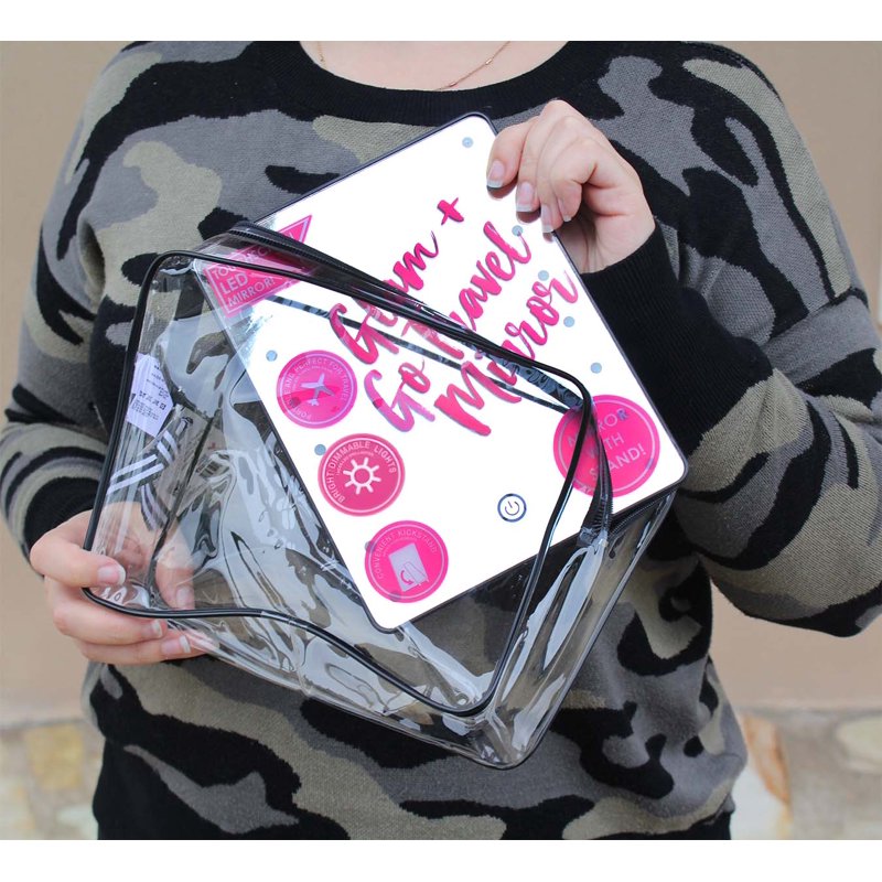 LED Travel Makeup Mirror with Dimmable Lights, Kickstand and Storage Bag