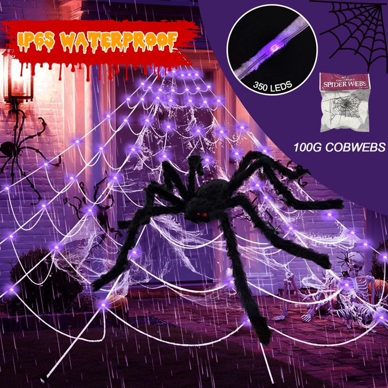 Halloween Spider Web Lights with 350 LEDs & Giant Purple Spider - Outdoor Decor
