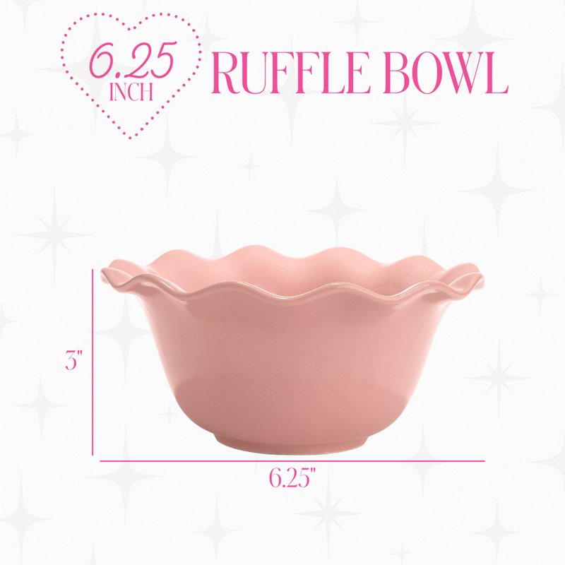 Ceramic Soup Bowl - 6.25-Inch Rose Pink with Scalloped Ruffle Rim