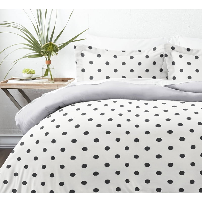 King Polka Dot Gray Reversible Duvet Cover Set - Light Gray Bedding
