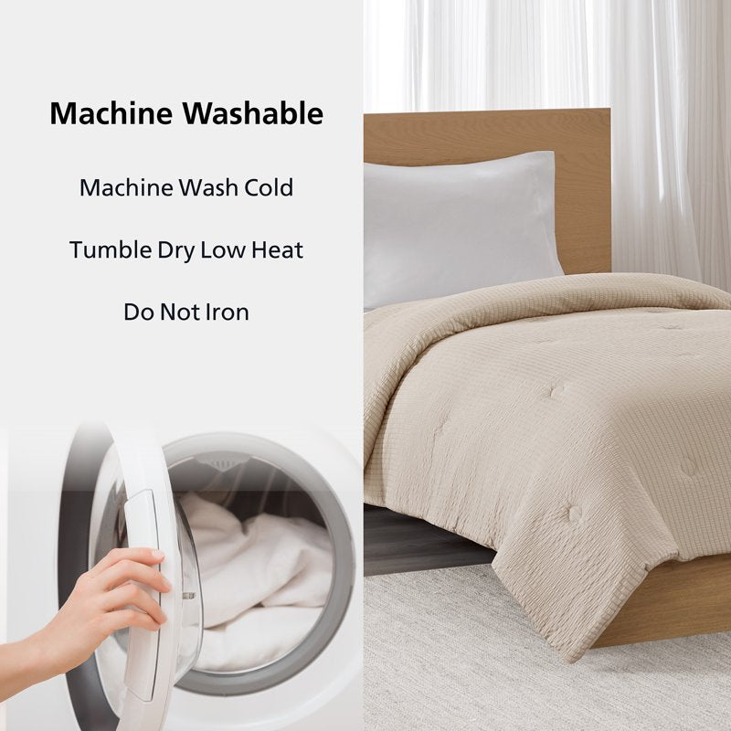 Twin-XL Reversible Down Alternative Comforter - All-Season Beige Seersucker