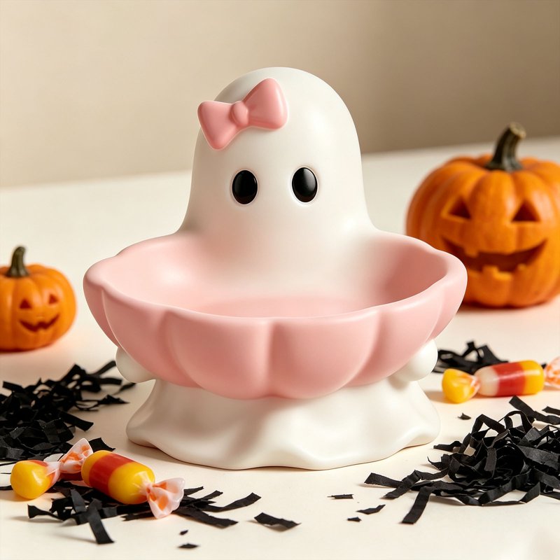 Pink Halloween Ghost Candy Bowl Figurine with Bow & Scalloped Holder