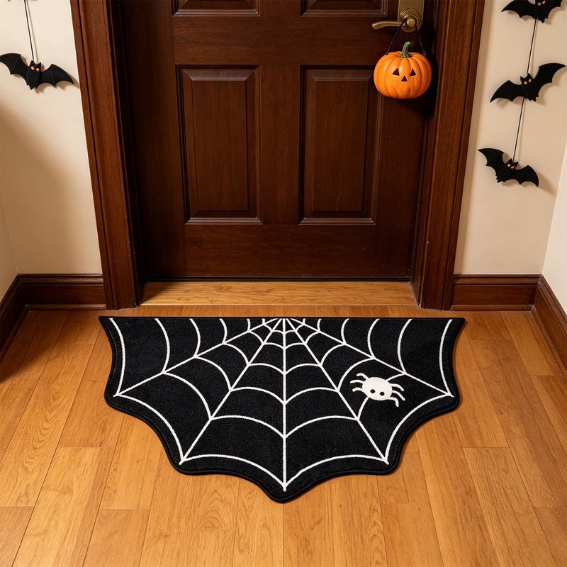 Halloween Spiderweb Doormat - Irregular Black Non-Slip Entrance Rug for Indoor Outdoor Front Door Decor