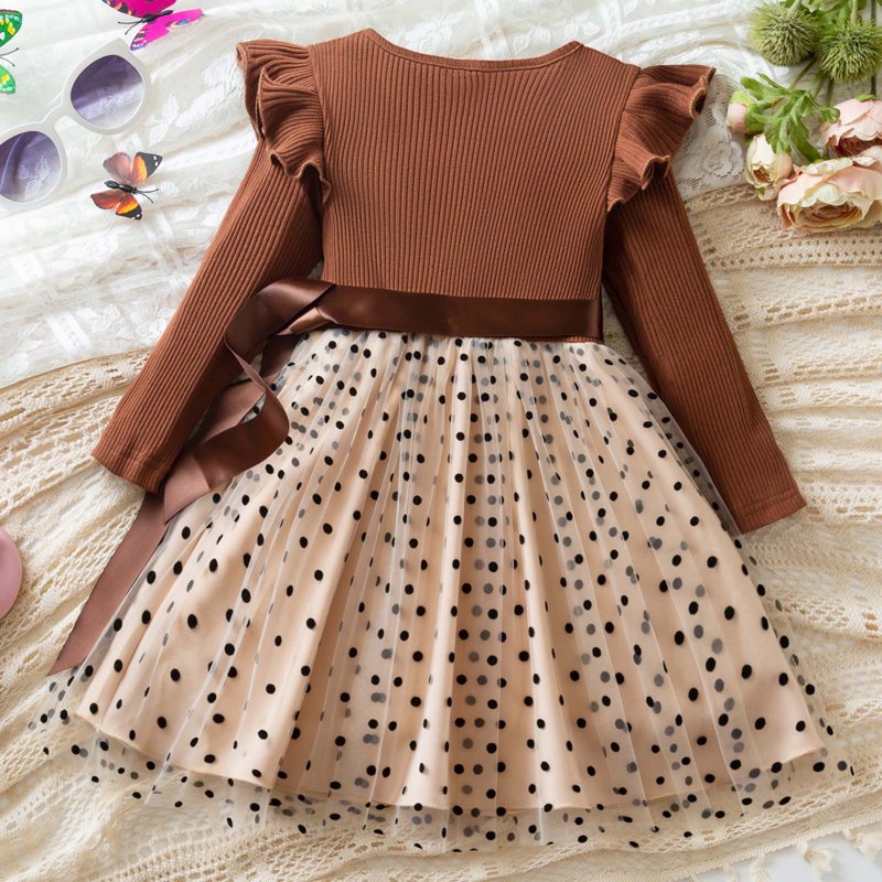 Girls Long Sleeve Ribbed Polka Dot Dress with Bow - Khaki 5-6 Years