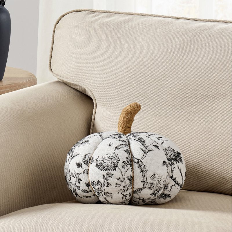 Halloween Raven Toile Pumpkin Decorative Pillow - Ivory & Black, 6 x 10 inches