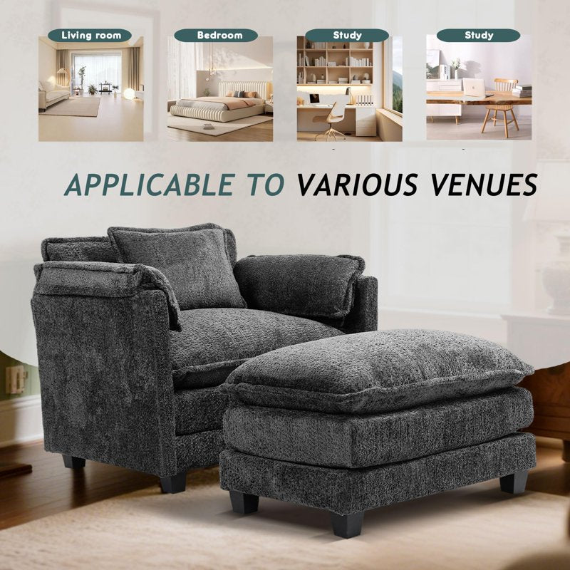 Boucle Accent Chair with Ottoman - Cozy Upholstered Lounge Chair