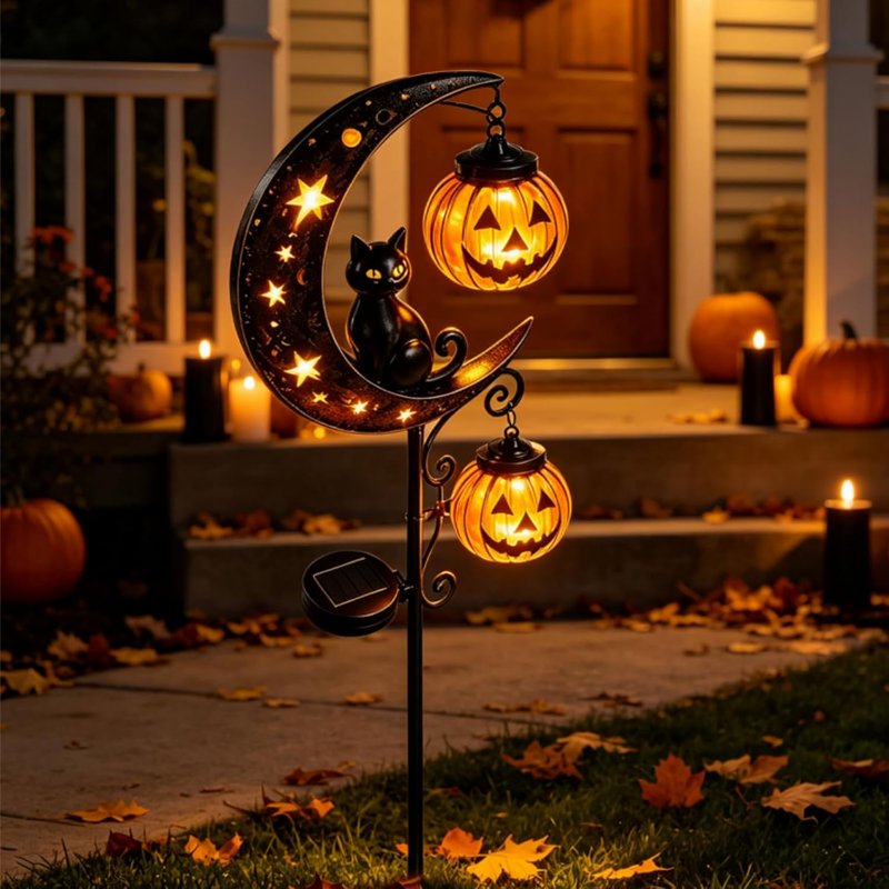 Solar Halloween Black Cat & Pumpkin Moon Garden Stake Light - Waterproof Outdoor Decor - A-1PC