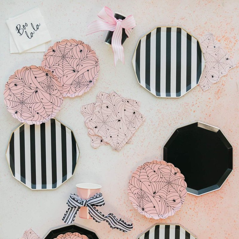 Halloween Pink Spider Web Paper Plates - 8.5 Inch Disposable Party Supplies