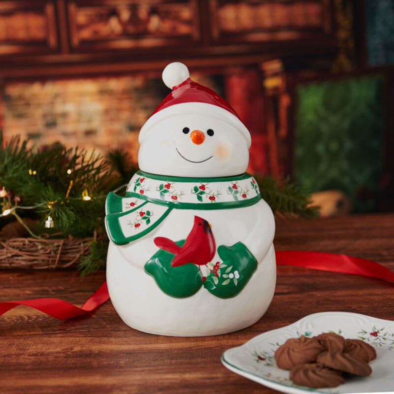 Winterberry Snowman Cookie Jar - 10 Inch Dolomite Design