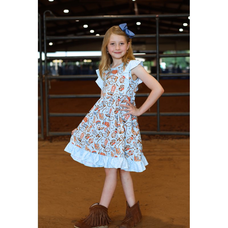 Girls Blue Howdy Boots & Dot Short Set - Size 12 Lt Blue 2-Piece Dress & Shorts