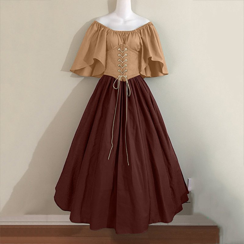 Plus Size Medieval Renaissance Costume for Women - Beige Ruffle Over Dress with Corset