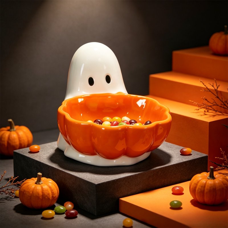 Liamobondopolis Halloween Ghost & Pumpkin Candy Bowl - Variation #014