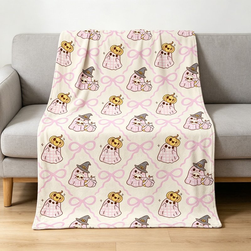 Pink Halloween Flannel Throw Blanket 150x200cm Cozy Decorative Sofa Couch Bed