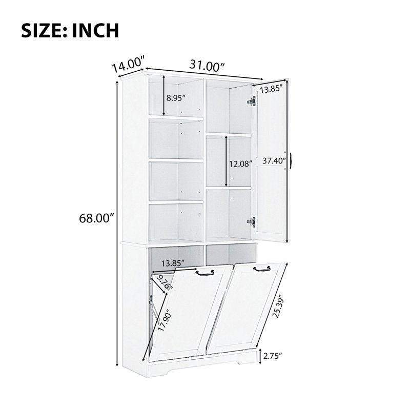 Oak Tall Storage Cabinet with 2 Tilt-Out Laundry Baskets - Freestanding Organizer