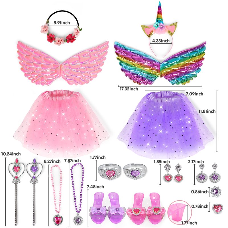 Toddler Girl Princess Dress Up Set with Wings Jewelry Shoes - Birthday Gift for 3-6 Years